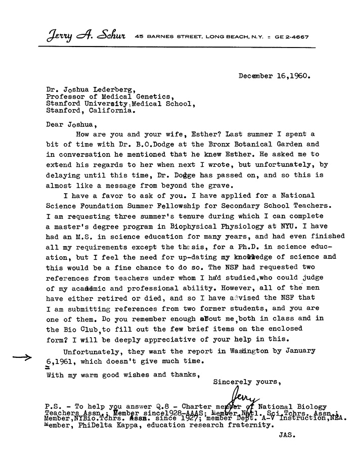 NLM pirated bbalzr Jerry A. Schur to JL+EML (B.O.Dodge) 12-16-60